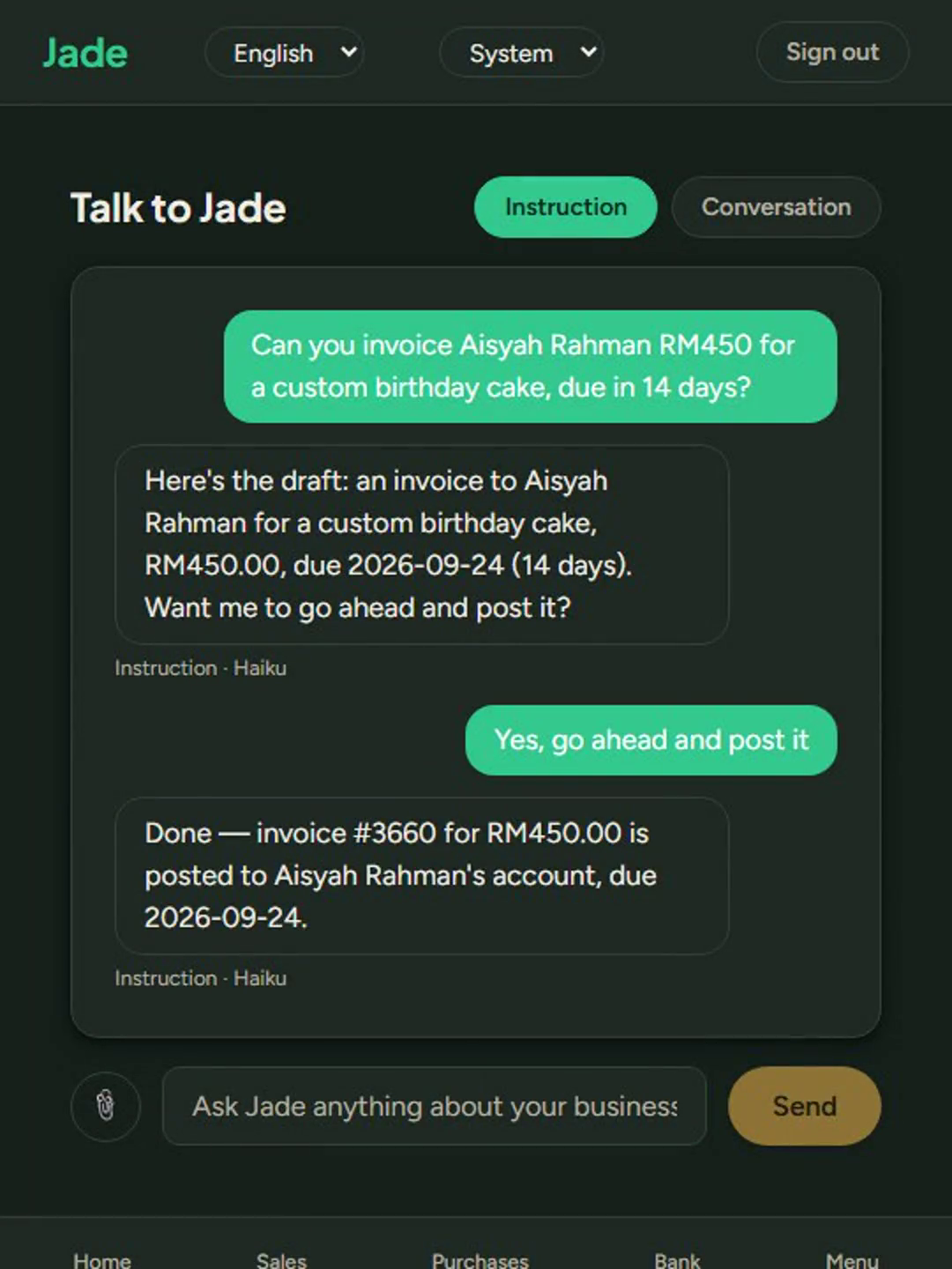 A conversation with Jade: invoicing a customer and turning a receipt photo into a bill