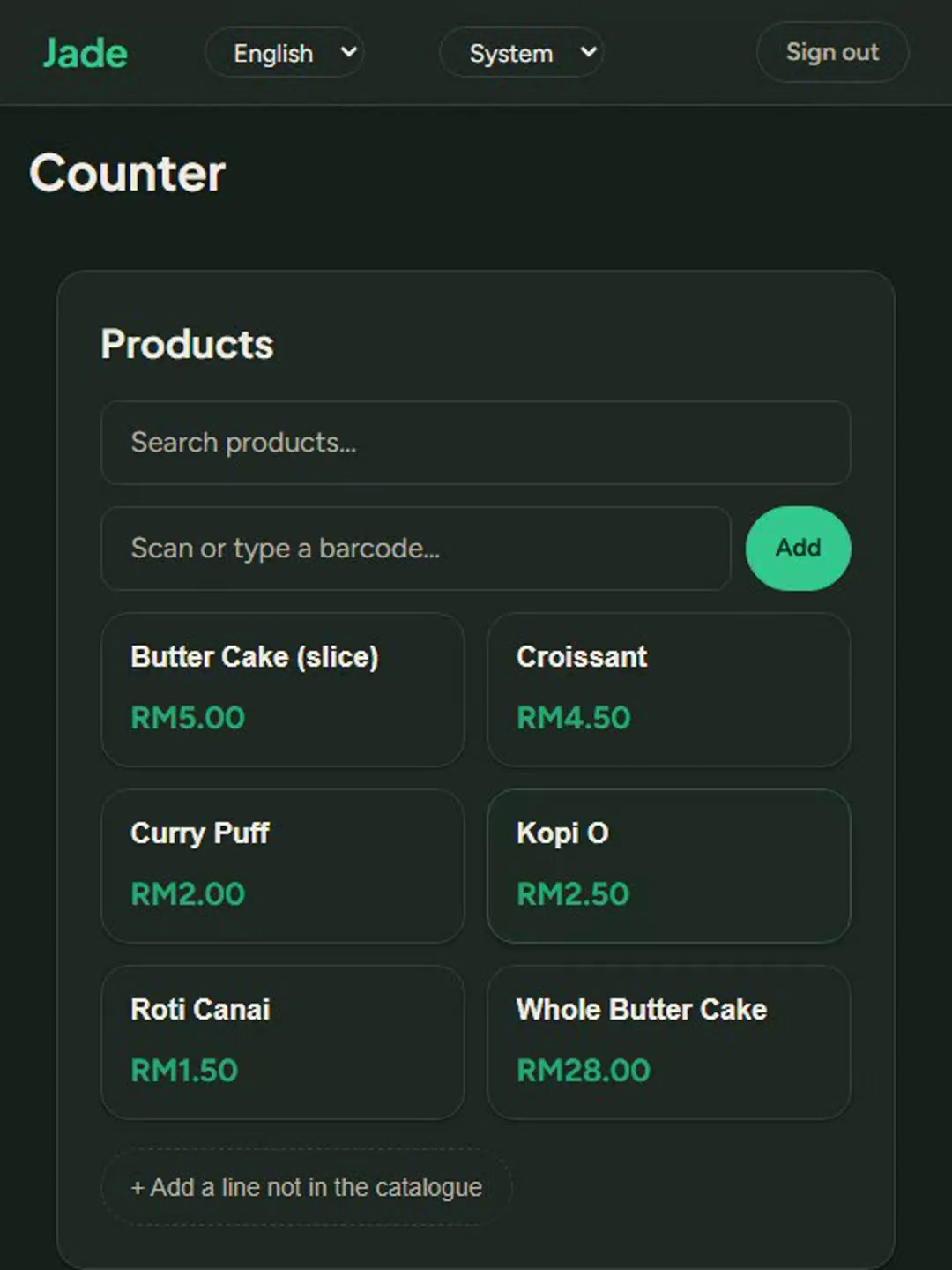 Jade’s product grid with two taps recording a counter sale