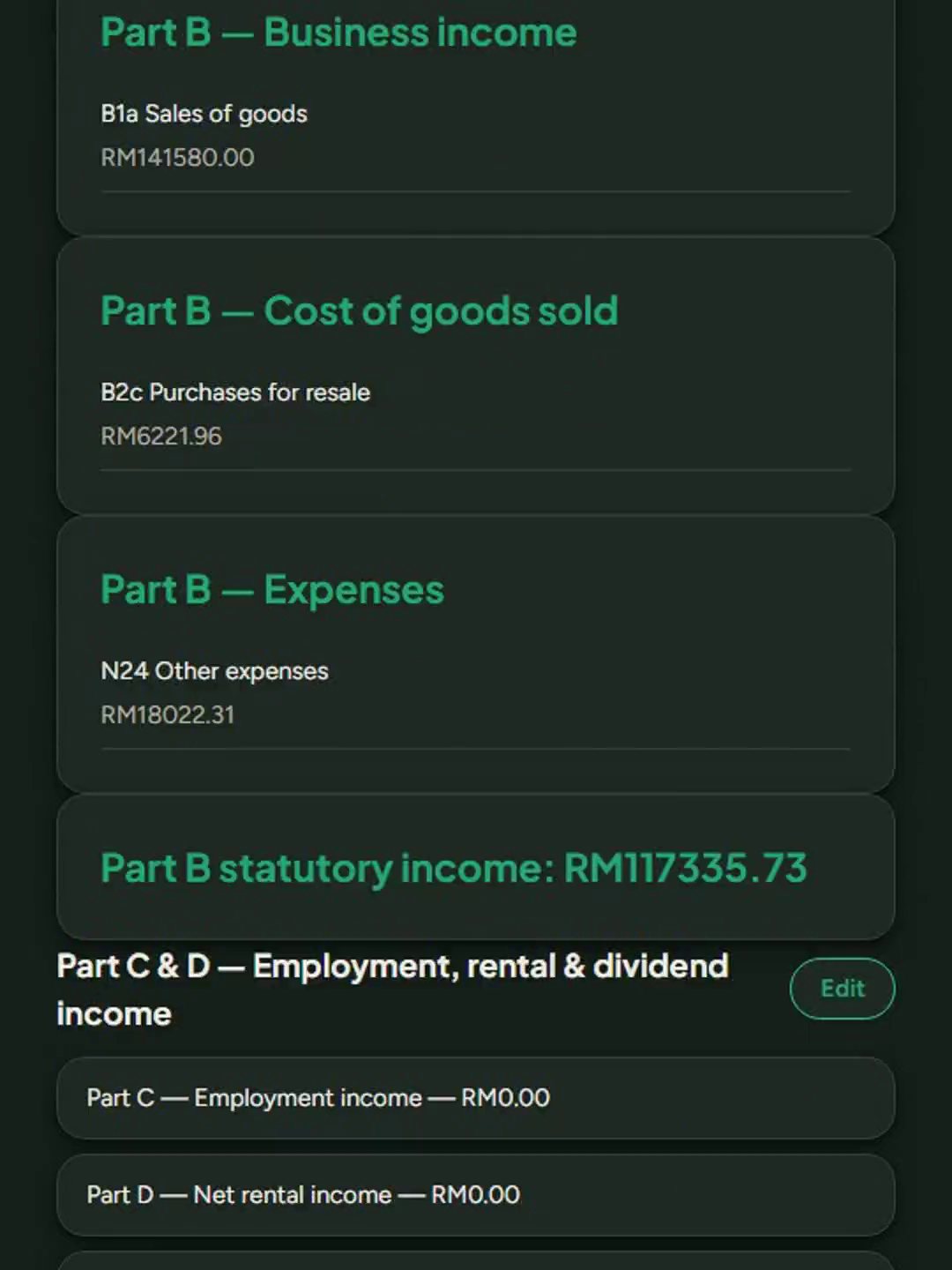 Jade’s tax worksheet filling in the Form B business section